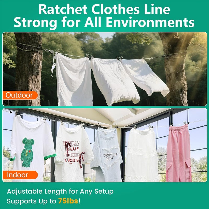 Harqa Retractable Travel Clothesline, 19FT Adjustable Heavy-Duty Line with Reflective Pulley System, Stainless Hooks & Clips – Portable for Camping, Cruise, Hotel, Balcony & Outdoor Laundry (Black) - Image 3